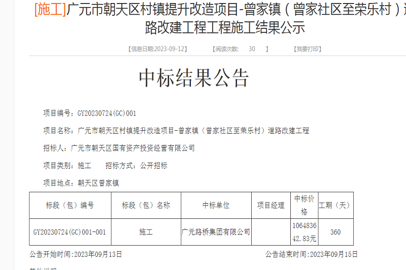 喜報(bào):路橋集團(tuán)中標(biāo)廣元市朝天區(qū)村鎮(zhèn)提升改造項(xiàng)目-曾家鎮(zhèn)(曾家社區(qū)至榮樂村)道路改建工程