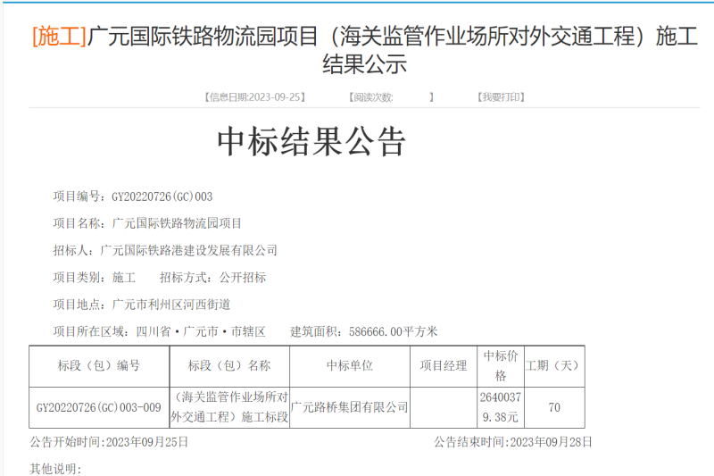 喜報(bào):路橋集團(tuán)成功中標(biāo)廣元國際鐵路物流園項(xiàng)目(海關(guān)監(jiān)管作業(yè)場所對外交通工程)